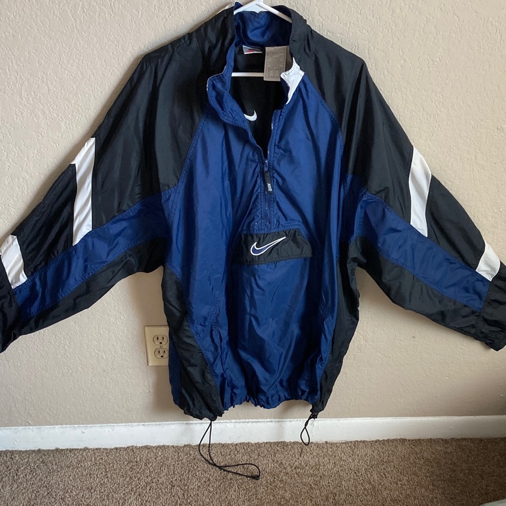 Vintage 1990’s Nike Men's Blue and Black Windbreaker